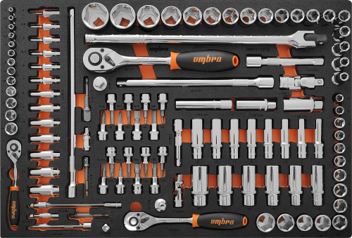 OMT111STE Набор головок торцевых 1/4"DR 4-14 мм, 3/8"DR 8-22 мм, 1/2"DR 8-32 мм, с аксессуарами в EVA ложементе 560x375 мм, 111 предметов